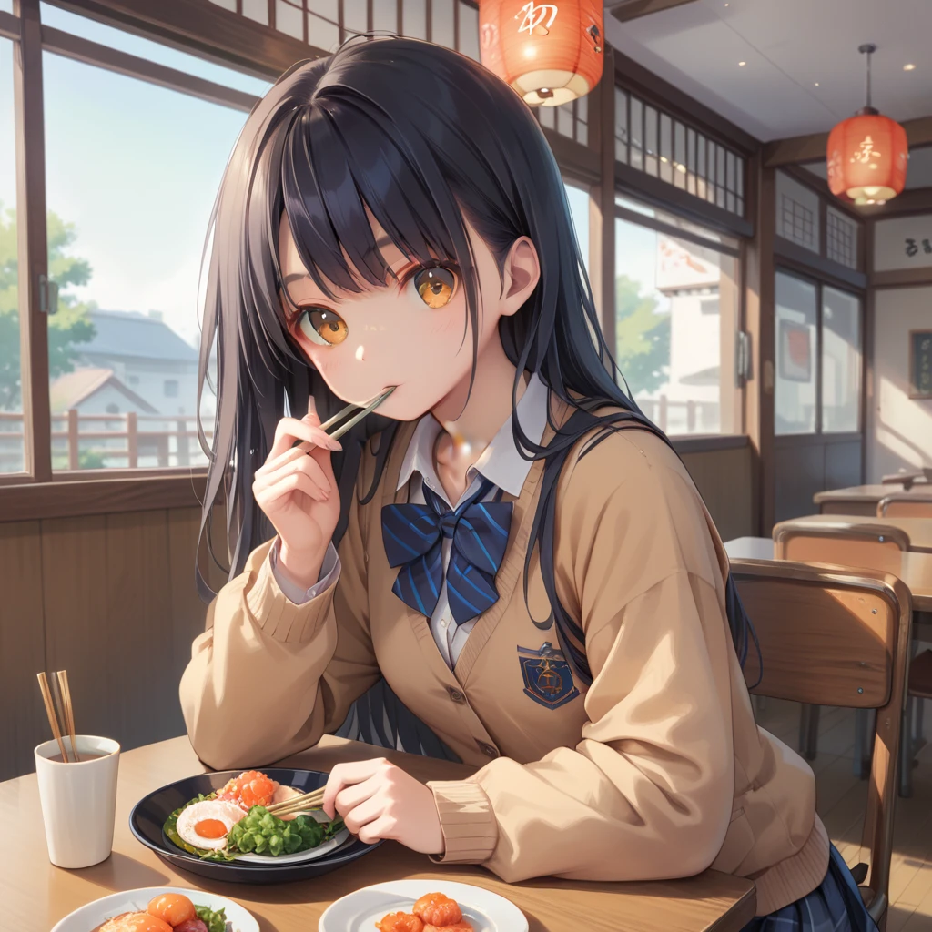 (8K, best quality, master piece: 1.2),ultra-high resolution,1 girl,solo,ultra-detailed face,detailed eyes,orange eyes,Straight hair, long hairblack hair,school uniform,plaid skirt,cardigan,rim light,holding chopsticks,Sitting in a chair,fresh seafood platter on the table,indoors Japanese high-end restaurant