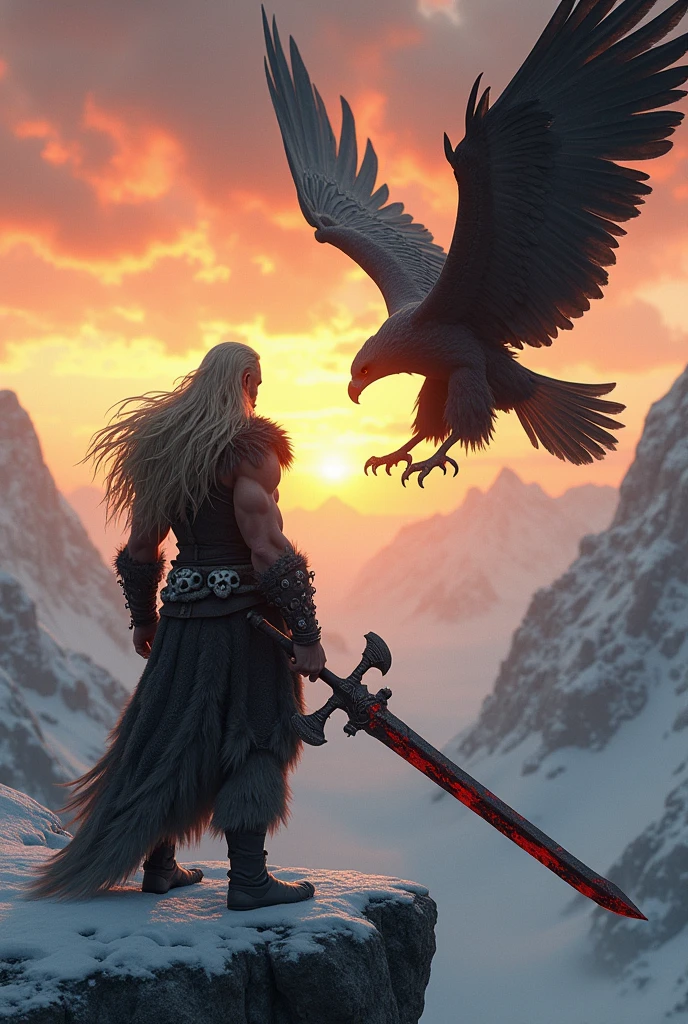 Fantasy-style digital artwork featuring a muscular warrior with long blonde hair and fair skin, standing on a snowy mountain ledge. The warrior is dressed in fur and leather armor adorned with skull motifs, holding a large, blood-stained sword. Behind him, a giant, fierce-looking eagle with detailed feathers and sharp talons spreads its wings. The background showcases a dramatic sunset with vibrant orange and yellow hues, casting a warm glow over the snow-covered peaks. The overall composition is dynamic and intense, with intricate details and a sense of epic adventure.anatomically correct, super detailed, highly detailed, 4k, hyperrealistic, extremely realistic, intricate details, dramatic lighting, moody atmosphere, dark fantasy, cinematic, masterpiece, dramatic pose, muscular anatomy, veins visible, sinews, tendons, viscera, guts, organs, raw power, intense emotion, photorealistic