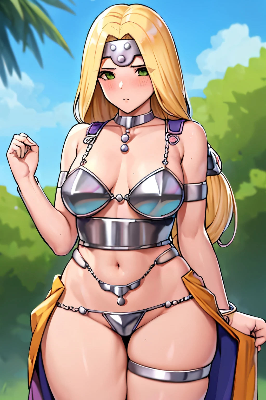 (Tabletop, Highest quality:1.2), Cowboy Shot, alone, One Girl, Mireille, (blush:1.1), Embarrassing, View your viewers, Place your hand on your chest, Circlet, Bikini Armor, Pelvic Curtain, Thighs Thighs Thighs Thighs, jewelry, bracelet, choker