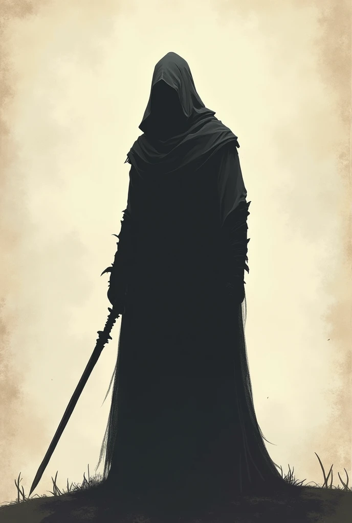 Simple 2d shadow of a warrior archmage. Just the silhouette. Light old paper style background.