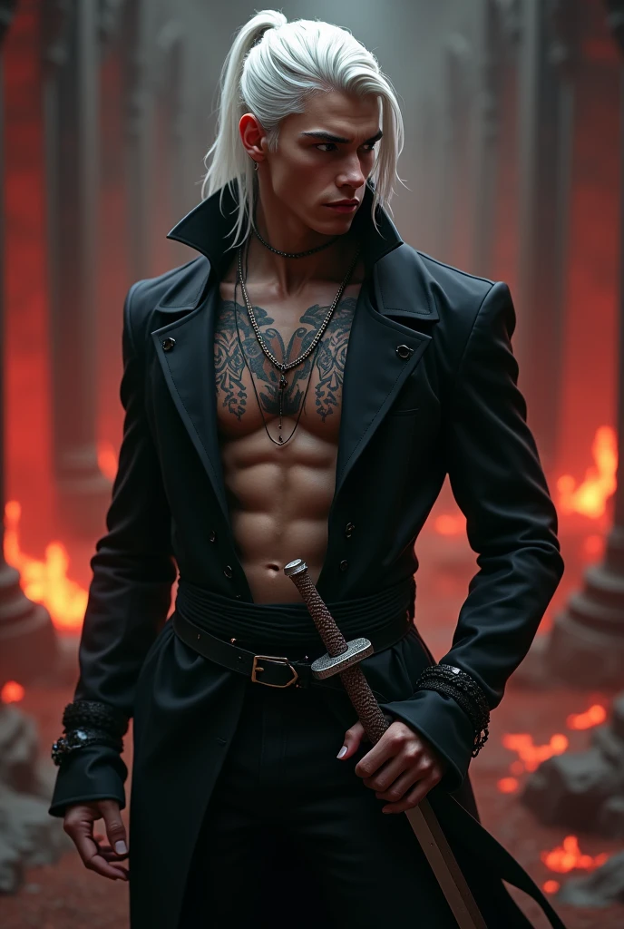 Create a handsome and attractive young prince of hell wearing a black body jacket, long white hair tied in a ponytail with some loose strands Having some demonic tattoos and a sword