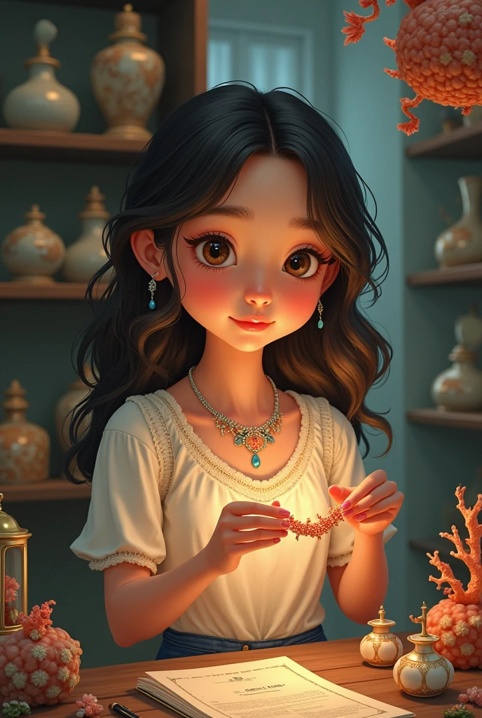 Make a girl named Lua she finds an old coral necklace in an antique shop. She is curious and enchanted As if she were a drawing