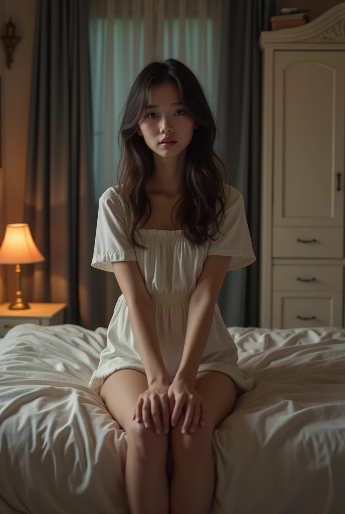18, eighteen years old, naked, nude, bedroom, cute bum, slim, looking at camera, bedroom, wardrobe, drawers, lamp, curtains drawn, double bed, photorealistic, realistic, European, English, short height, small height, blue eyes, nighttime, night, night time, sitting on edge of bed, wide eyes, mouth closed, closed mouth, looking at camera, looking into camera, short height, young, closed mouth, mouth shut, girly bedroom, girls bedroom, youthful, young girl, bunk bed,
