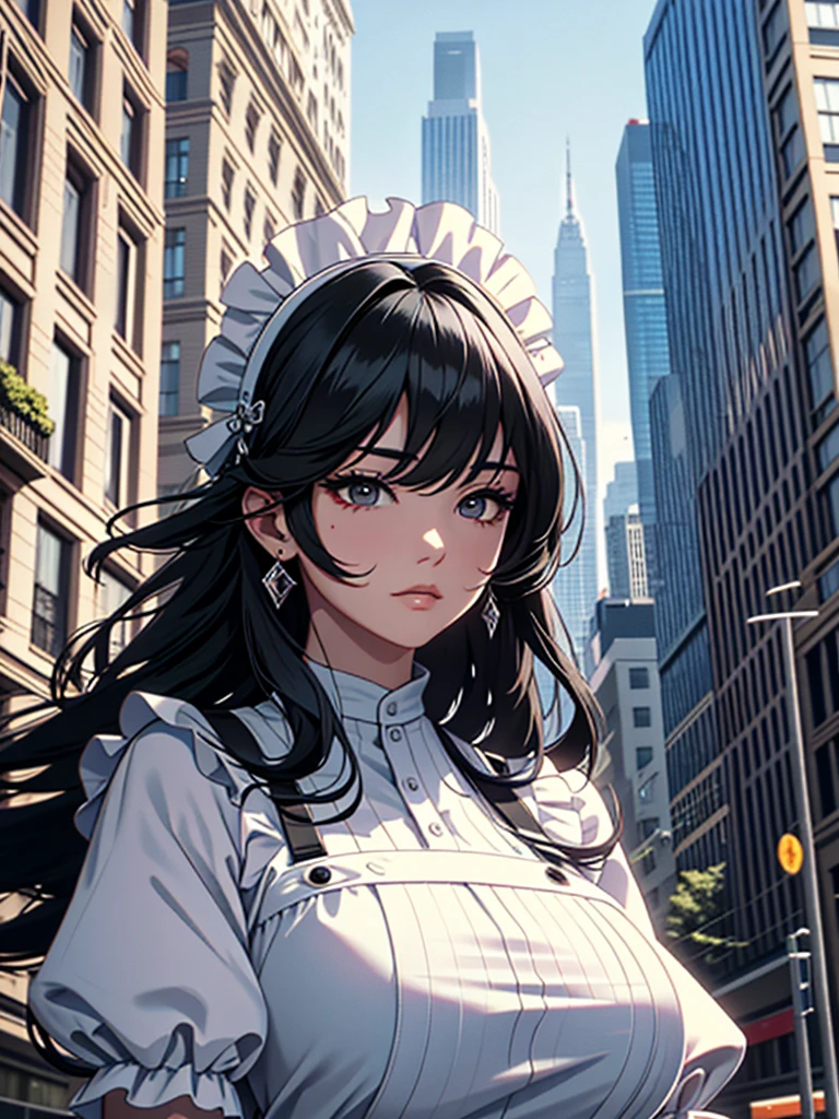Masterpiece、High resolution、Detailed expression、Huge beauty、Black Hair、18 meters tall、In a city building、Married Woman、apron、Troubled face
