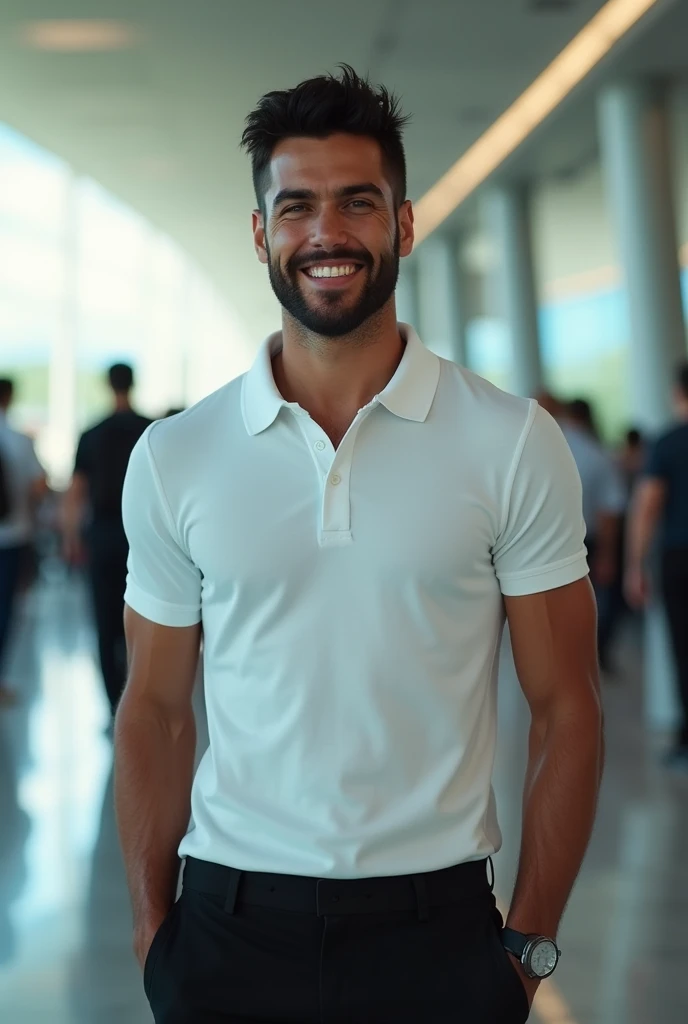 (photorealism:1.2), handsome tanned man, black hair, short beard, smiling, sexy brazilian, slim, , Photorealistic, 8k, highly detailed, Cinematic lighting, Vivid colors, in the airport, white polo shirt and black pants