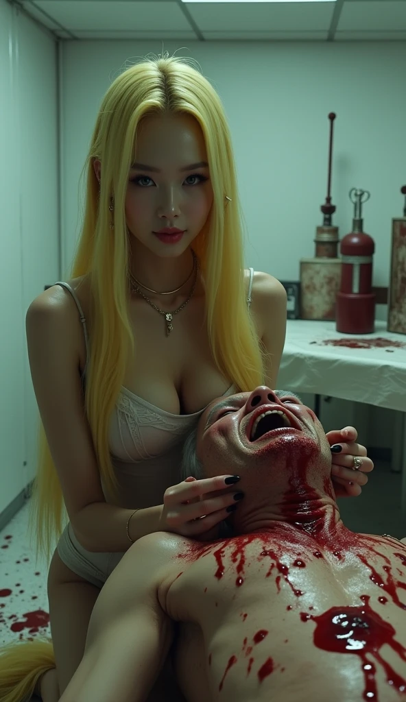(((photorealistic:1.4))), ultra realistic, pores, (((masterpiece))),high quality, ultra details, realistic white skin beautiful face pretty korean idol adult smilling bloody woman showing long sharp black fingernails, model, very pretty, vein on hands, wearing sexy outfit, pretty long legs, ring on fingers, long yellow hair, long earrings, big necklace, tongue kissing painful expression of realistic ugly old man tied up on the post with throat ripped, blood splatter everywhere, extreme gore, looking at camera, high post, night, white torture room with torture device on the table, looking at camera,