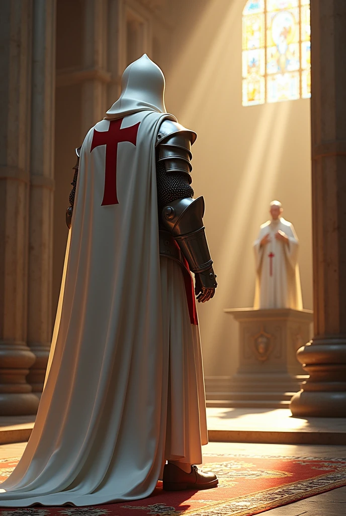 A Templar knight with a white helmet and cape with a red cross inside a church next to a window. Rays of light come in through the window as the knight looks at the priest on stage