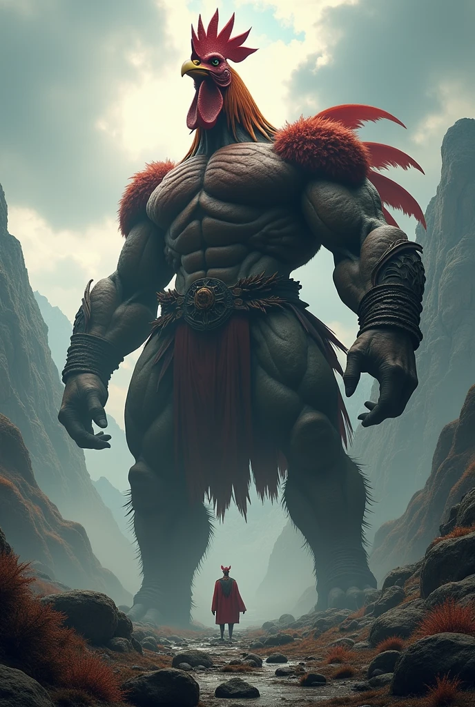 A man, bodybuilder,long red hair,Face wearing a mask,mask circling and right  eye  side hole ,wear a mask then one eye show only ,mask colour orange like obito , danger teeth, long vampire teeth, orange eyes ,stand on front of mountain , background sky , seen a sky ,shouting pose ,hand is a back side , have three long tail , magical and fearless,doing hand magic