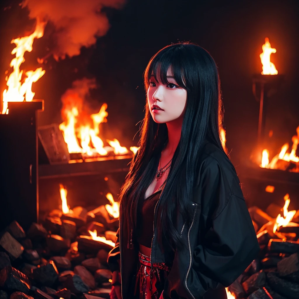 K-pop idol Ruka is standing in front of flames. She has black long hair with bangs and black outfit