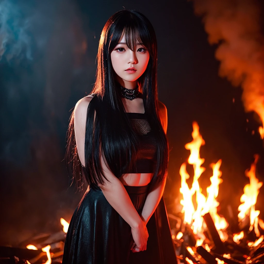 K-pop idol Ruka is standing in front of flames. She has black long hair with bangs and black outfit