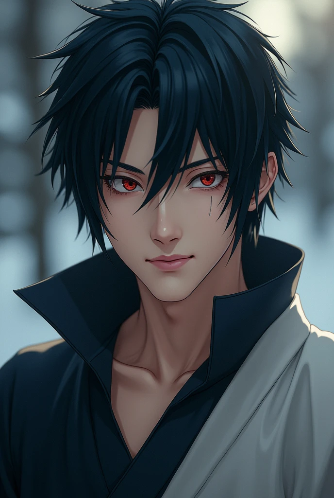 A japanese young hot Man, pale skin, cosplay of sasuke Uchiha, closeup, naughty smile, good looking