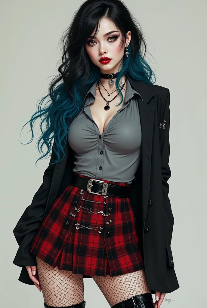 A woman&#39;s one, long straight wavy hair without bangs but with a cut called: butterfly cut and with black hair color in half and different shades of blue, guitar-shaped body and very sexy with hazel green eyes and red lompinte lips and a gray blouse, black jacket short size, plaid skirt with black and red and chains around the skirt, men&#39;s black boots and fishnet stockings and around his neck he wears a choker with a necklace, fair skin and attractive rest and peach skin. And very desirable to other men. The woman, be more realistic.  Detail takes everything I said and appears in its entirety. 