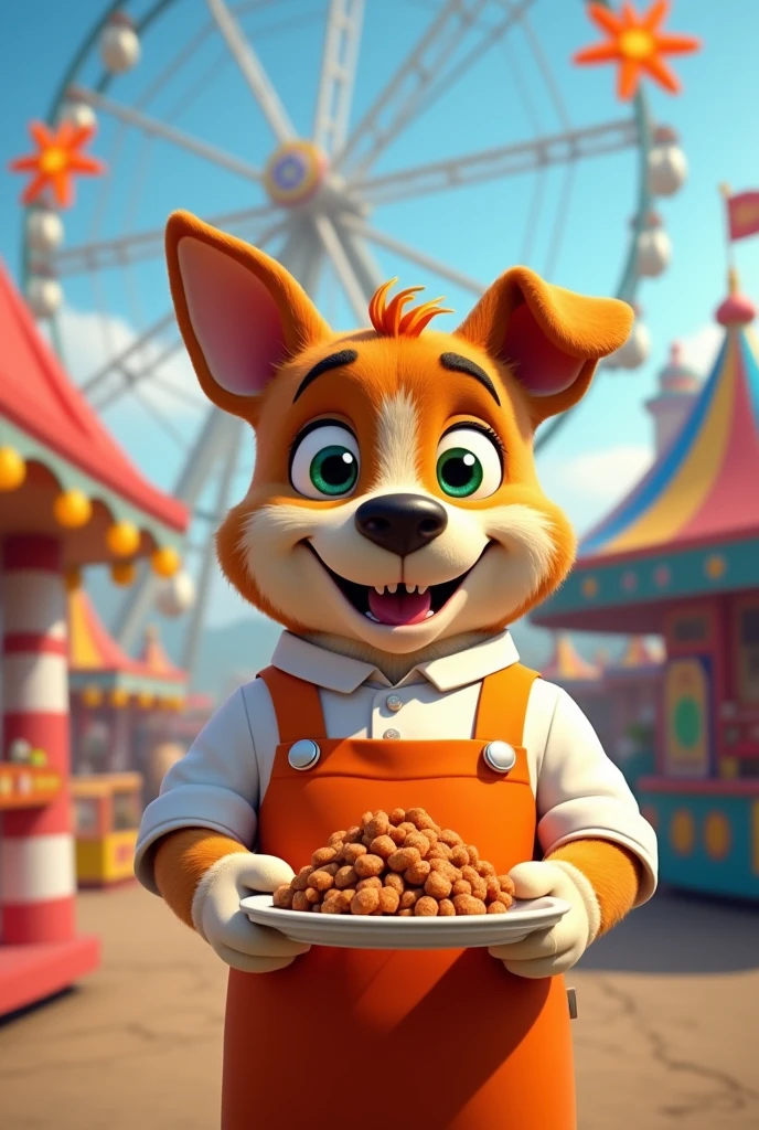 Image of the chef dog Juca Hamburcão Pet Foods with his orange and white clothes, greeneyes, smiling , in an amusement park with a ferris wheel in the background showing a delicious plate of wet food Pixar Cartoon 