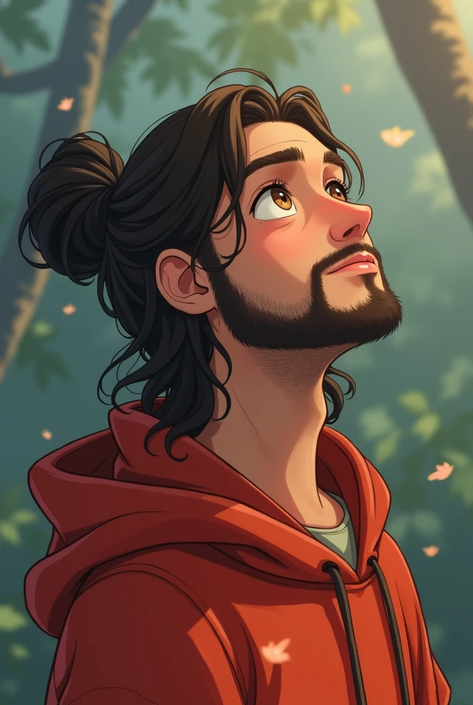 Ghibli design, 22 yo man, long hair, man bun, faint beard, mature look, brown eyes, blurry background, wearing red hoodie, staring at the sky