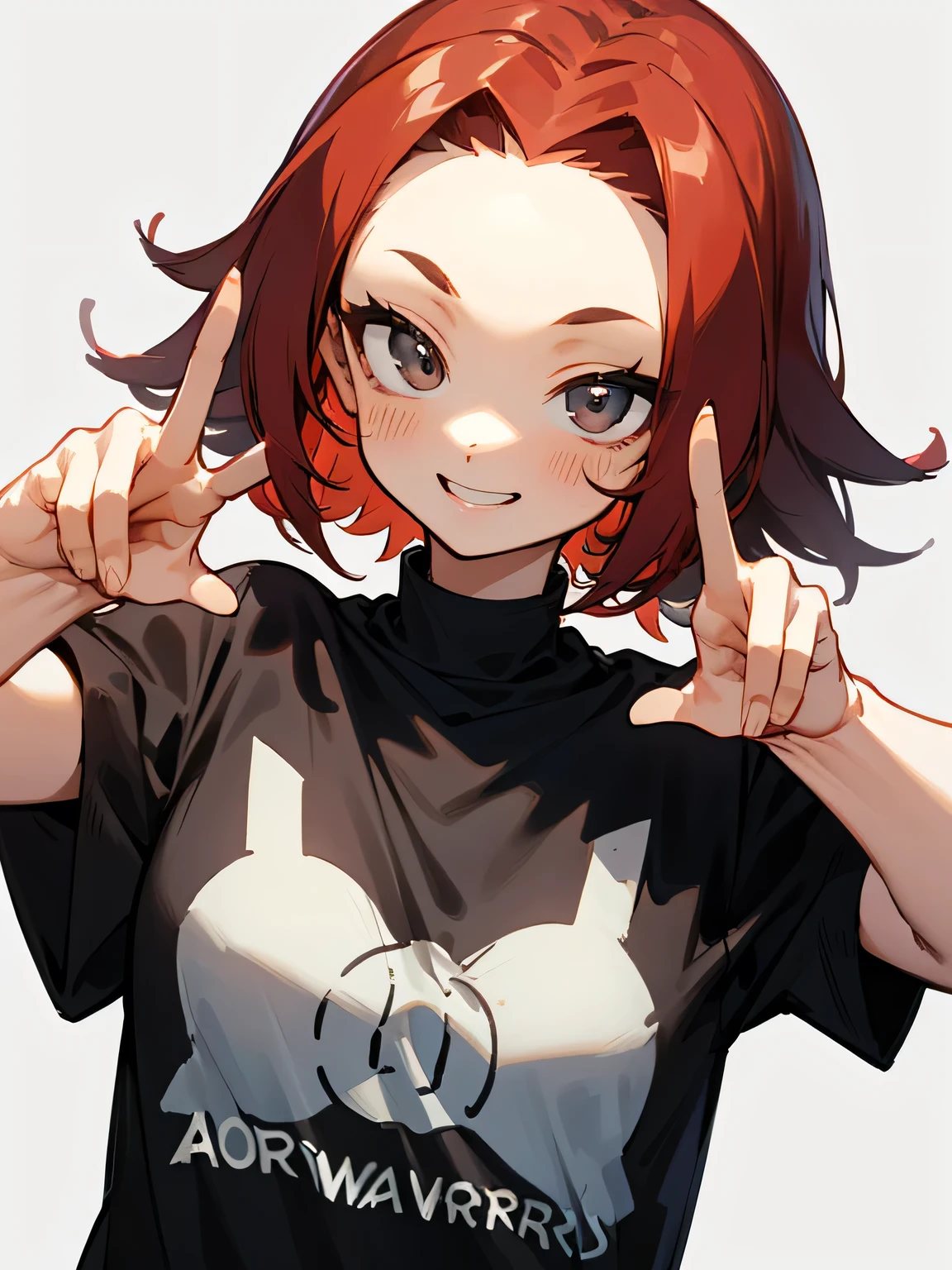 solo,(leaning foward:1.3),cute face,upperbody,(red medium hair),(big forehead),(tsurime),gray eyes,black t-shirts,good hands,(peace sign),white simple background,big smile