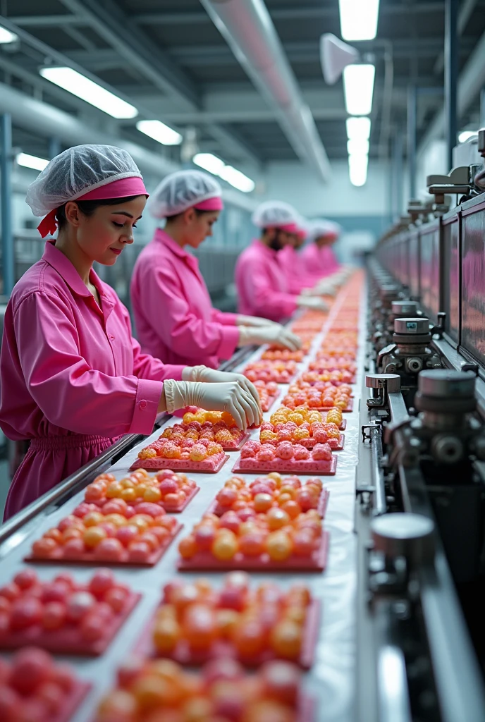 Several people working in a giant modern industrial candy factory wearing pink uniforms, people using machines in forming sweets, closed boxes full of candy rolling through the machines, each type of candy being organized and separated perfectly, confectioners preparing cakes, doces e cupcakes