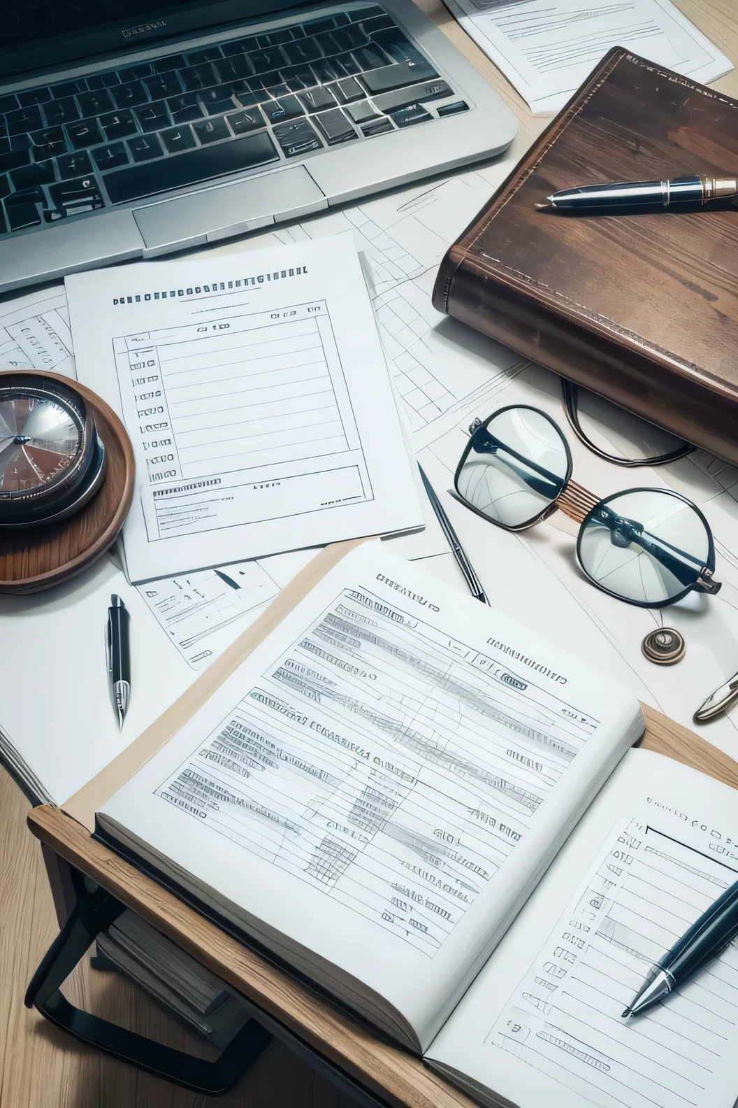 An organized work desk, with financial chart papers, a calculator, a laptop with a financial spreadsheet open, and a corporate finance book. from beside, a highlighted pen, ready for notes, symbolizing the need to master essential knowledge in corporate finance to make strategic decisions and ensure the company&#39;s financial health.