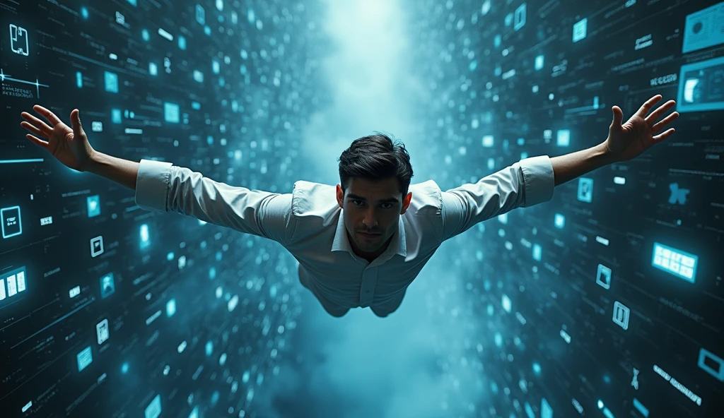 photo of a human male dressed, head on, floating with his body in a horizontal orientation, like flying, between entities and digital symbols. Let the arms form an obtuse angle with the line of your back
