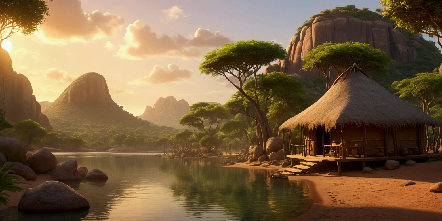 Breathtaking view of the African wilderness, beautiful sunrise over a calm lake, a very small African hut on one side of the scene, dramatic cinematic lighting, majestic rock formations, no animals or evil, breathtaking view, high detail, complete study of African languages (best quality, 4k, 8k, high resolution, masterpiece: 1.2), high detail, (realistic, realistic, photorealistic: 1.37), dramatic lighting, cinematic composition Pixar style close to animation, land area larger than the lake Trees and rocks Attention to precise theatrical perspective according to the studies of theatrical perspective Academy of Arts Dr. Louise Malika, high quality on the scale of theatrical design Clear details Greek character dominates the scene, animation style African tribe
