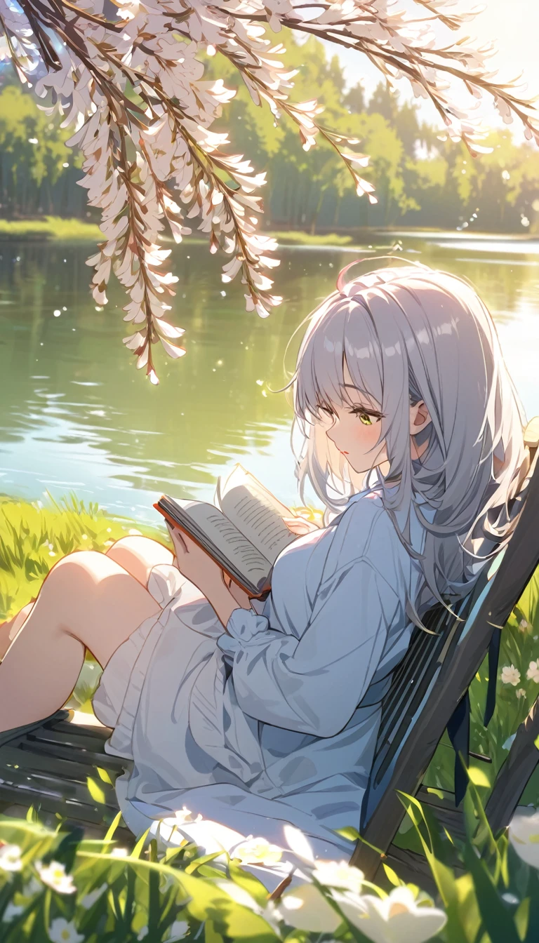 Girl reading a book by the lake, Bright colors, spring, Willow Branch, comfortable, Warm sunshine