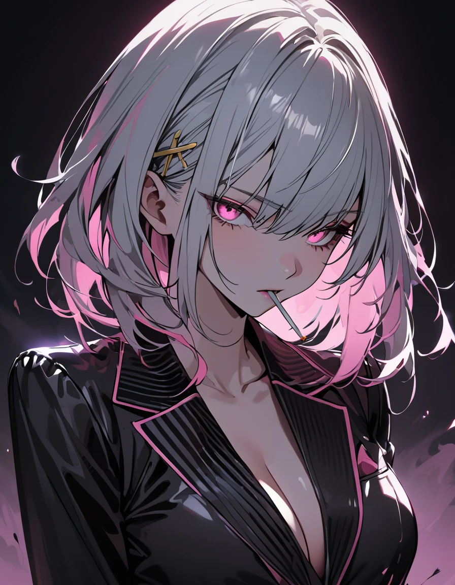(masterpiece)、(absurdres)、(ultra detailed)、(8k),(solo girl),(white hair),shortcut hair,(shiny pink eyes),(middle breast:0.9),black suit,BREAK,(yellow hairpin:0.9),BREAK,pink smoke:1.4,Putting a cigarette in your mouth:1.1,pink mist:1.2,Serious,Close-up shot:1.2,simple darkness background,in the darkness:1.2,