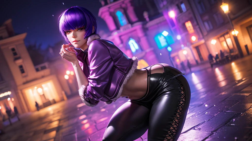 (at night), alone, in a video game scene a background of a beautiful city during the day raining, standing at attention, purple hair, ((purple hair)), 1 girl, alone, 20 years old, young woman, perfect hands , beautiful and perfect symmetrical fingers, beautiful long legs, perfect legs, beautiful body, beautiful nose, beautiful character design, perfect face, look at the viewer (focusing on the entire character), closed mouth, Light_Smile, official art, wallpaper Extremely detailed CG unity 8k, perfect lighting, bright and colorful front lighting, glowing skin (masterpiece: 1.0), (best quality: 1.0), ultra high resolution, 4K, ultra detailed photography, 8K, HDR, high resolution, nonsense: 1.2, Kodak portra 400, film grain, blurred background, bokeh: 1.2, lens flare, (vibrant_color: 1.2), professional photography, (beautiful_face: 1.5), (narrow waist),
