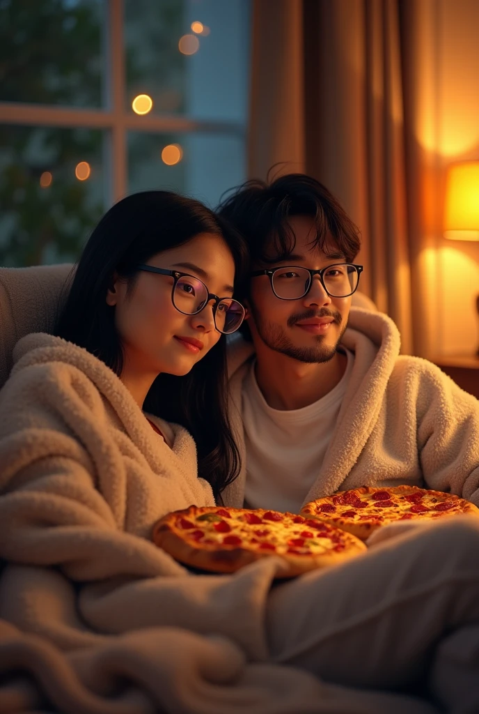 couple of man with glasses and woman with straight black hair eating pizza together at home watching TV under the blanket wearing pajamas
