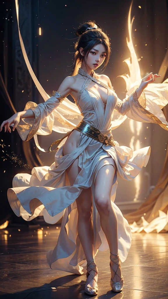 shining star,A beautiful oriental girl,Single ponytail,Dragon Horn,Big breasts,thin waist,white skin,Perfect proportion,Wearing a dance dress,8k,The focus of the audience,Lighting effects,Super details,