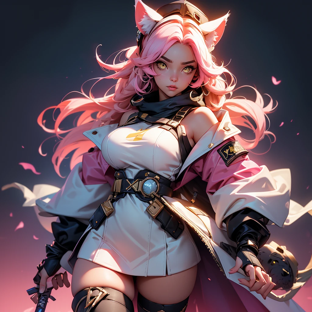 envision a 8k, highres, cinematic, beautiful close up portrait of a curvy woman named Raora Panthera with white animal ears, tail, yellow eyes, pink hair, goggles, hat, open jacket, off shoulder, thigh straps, thighhighs, against a dark background