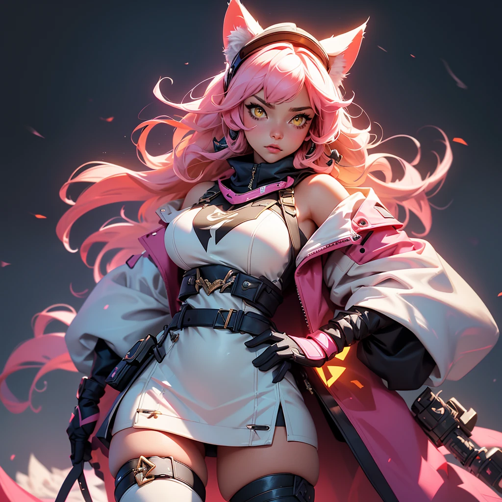 envision a 8k, highres, cinematic, beautiful close up portrait of a curvy woman named Raora Panthera with white animal ears, tail, yellow eyes, pink hair, goggles, hat, open jacket, off shoulder, thigh straps, thighhighs, against a dark background