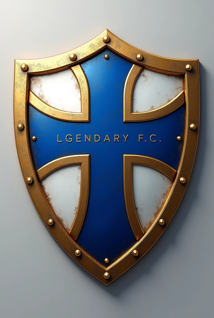 crie uma imagem com um escudo em forma de cruz azul com dourado de clube de futebol chamado Lendários F. c , put the name Legendary F.c no escudo