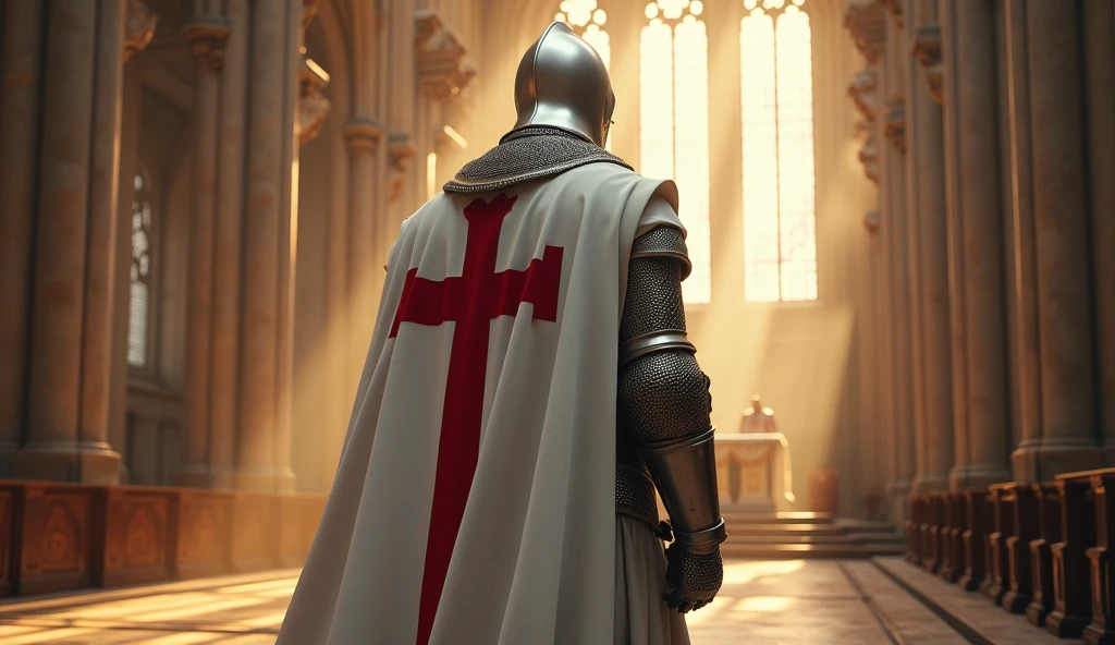 A Templar knight with a white helmet and cape with a red cross inside a church next to a window. Rays of light come in through the window as the knight looks at the priest on stage