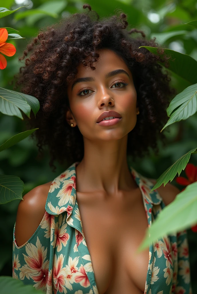 A Brazilian woman in a lush tropical garden, wearing an open shirt with a floral print, with a close-up capturing the harmonious beauty between her breasts and the natural flowers, showing off your natural charm and outgoing personality.