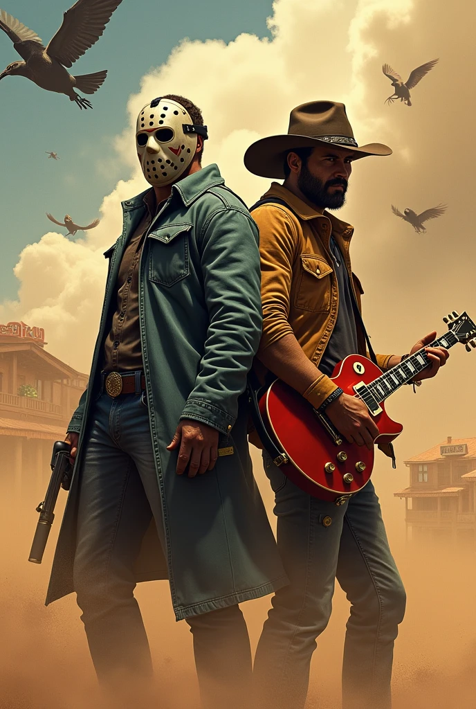 GAME cover photo, first man with hockey mask , with coboy hat .cowboy standing with the electric guitar they are escaped from sandstrom. They have a enemies: crow cactus and robot waiter