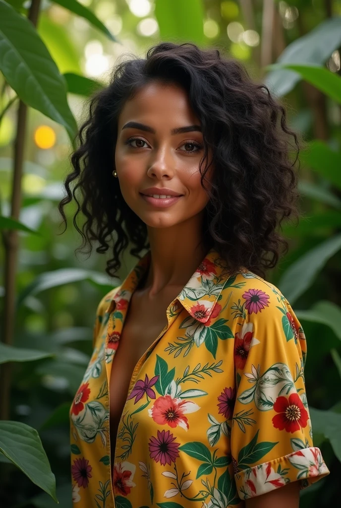 A Brazilian woman in a lush tropical garden, wearing an open shirt with a floral print, with a close-up capturing the harmonious beauty between her breasts and the natural flowers, showing off your natural charm and outgoing personality.