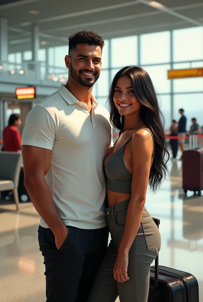 (photorealism:1.2), handsome tanned man, black hair, short beard, smiling, sexy brazilian, slim, , Photorealistic, 8k, highly detailed, Cinematic lighting, Vivid colors, in the airport, white polo shirt and black pants with the sexy girl, brezilian, long black hair, sweat long
