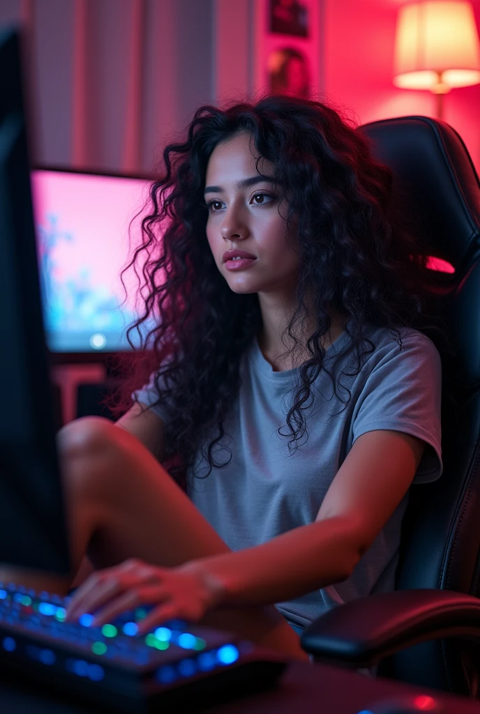 A gamer girl, Plano americano, sitting in a gaming chair, holding his knees, long curly black hair