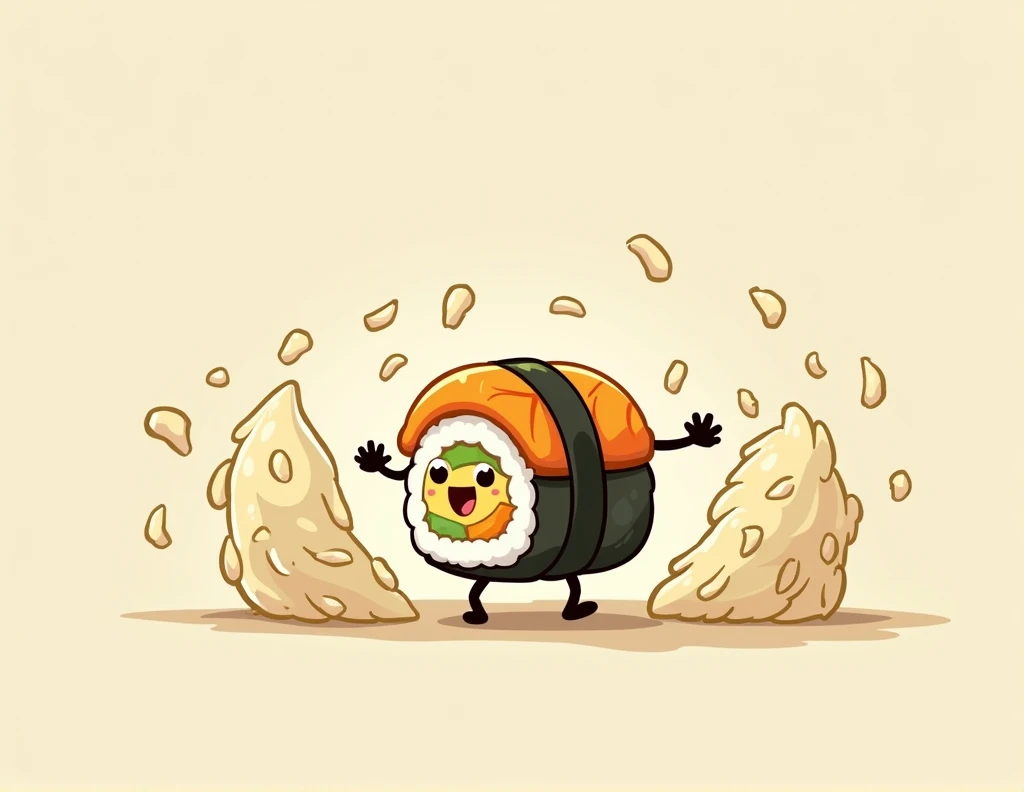 Create a sushi type that has feet and is standing fighting with the rice, happy and have yellow tones, black and white
