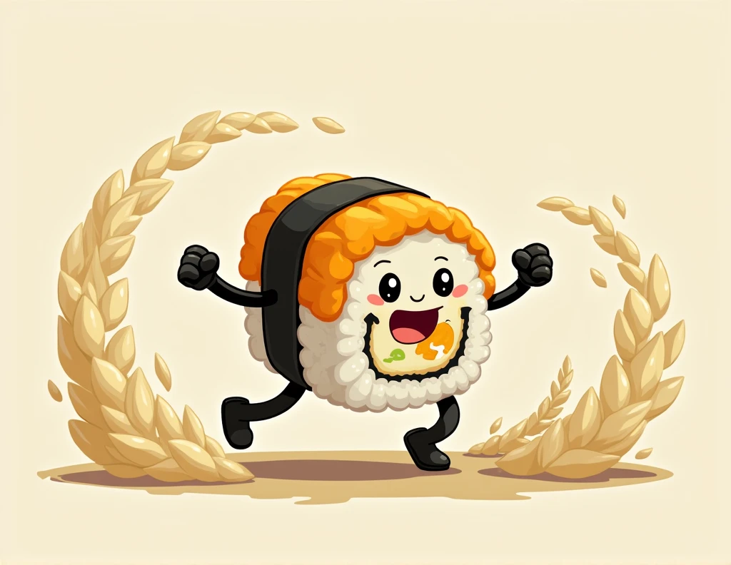 Create a sushi type that has feet and is standing fighting with the rice, happy and have yellow tones, black and white