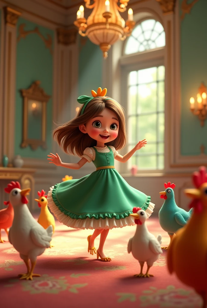 a  girl in a green dress and a ribbon in her hair dancing in the ballroom with several colorful chickens, 3D cartoon style, cinematic
