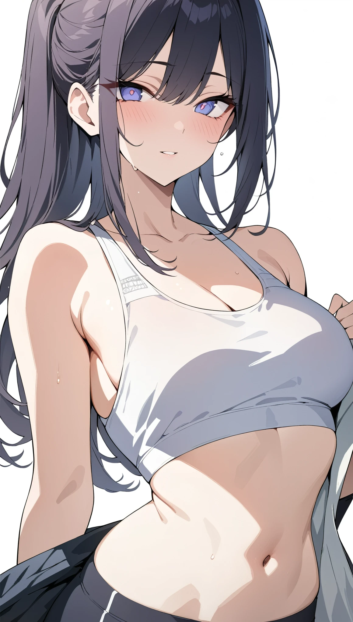 (((masterpiece, High resolution, perfect face))), beauty of Japan, 30 years old, beautiful face, white background, sports bra, panty, look at me, top quality eyes, detailed texture, look at me, cool women, high resolution eyes