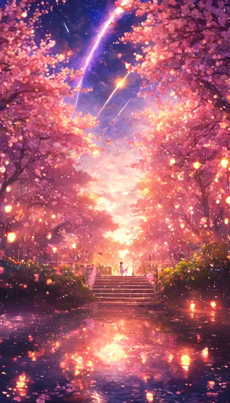 masterpiece, Concept Art, Panorama, in the center, shape, Wide Shot, flower garden, night, (meteor), Deep sea background, (Great composition, Epic Scale), Dynamic Lighting, Bright colors, cherry blossoms,1 person,garden