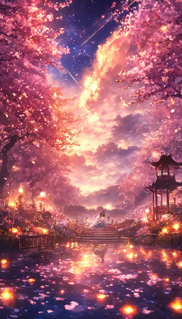 masterpiece, Concept Art, Panorama, in the center, shape, Wide Shot, flower garden, night, (meteor), Deep sea background, (Great composition, Epic Scale), Dynamic Lighting, Bright colors, cherry blossoms,1 person,garden