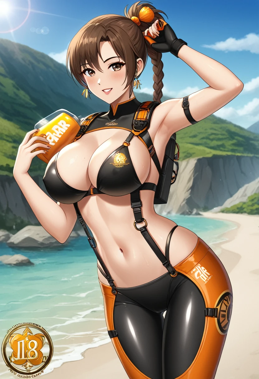 Twenty year old girl with brown hair with large breasts in sexy hiking gear