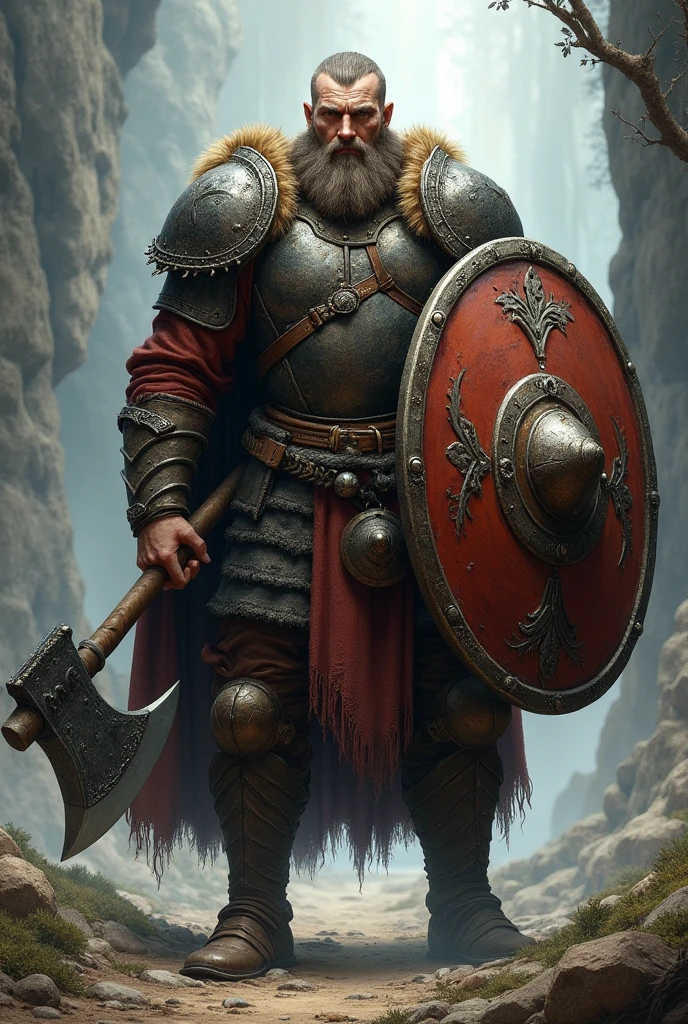 The bogatyr stands half-sideways with a shield and an axe, looking ahead of himself, and looks like a man.
