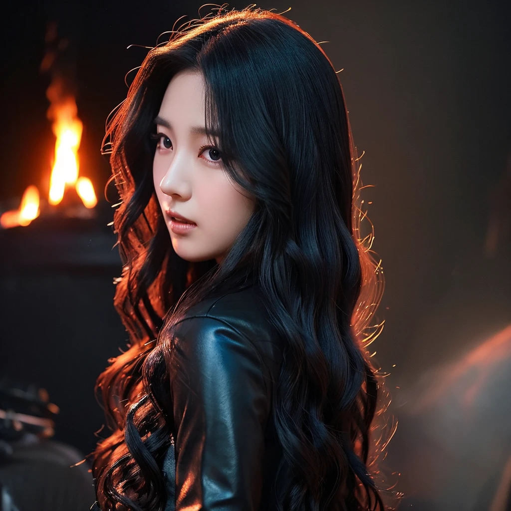 K-pop idol Pharite is standing in front of flames. She has black wavy long hair with side part and black outfit