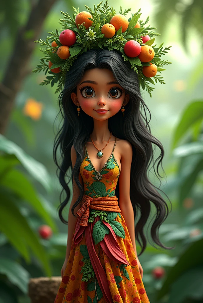 Large arrangement of fruits on the head of a beautiful black model, com lindas frutas tropicais, muito delicado e colorido, com bastante luzes, brilhos dourados, fundo preto