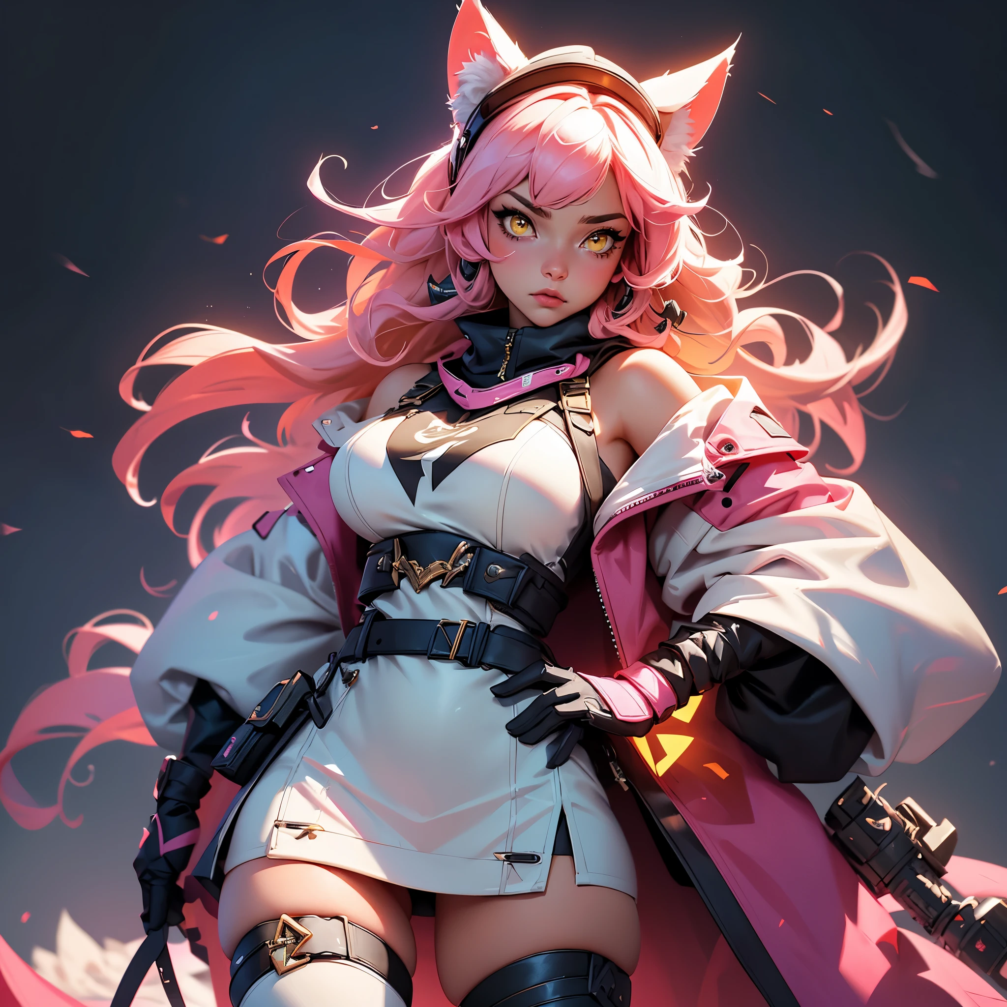 envision a 8k, highres, cinematic, beautiful close up portrait of a curvy woman named Raora Panthera with white animal ears, tail, yellow eyes, pink hair, goggles, hat, open jacket, off shoulder, thigh straps, thighhighs, against a dark background