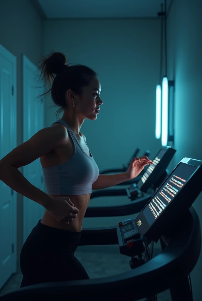 person running on a treadmill turning off lights that appear in front of them on a device