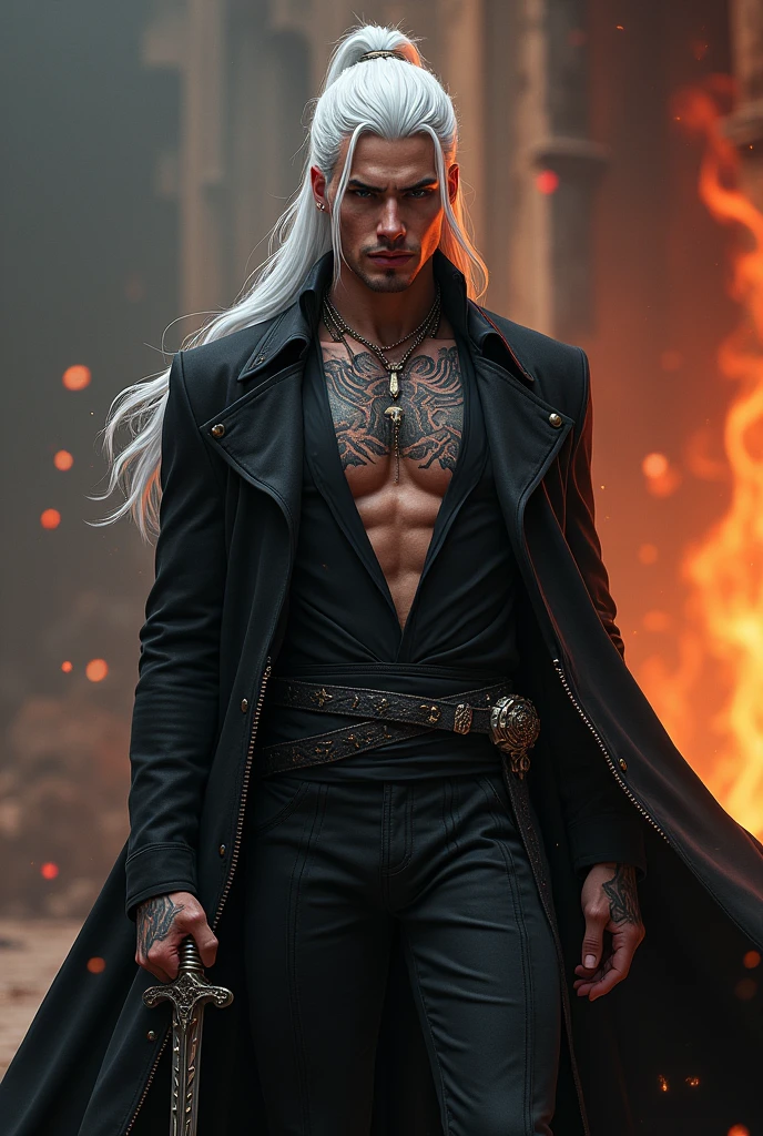 Create a handsome and sexy prince of hell wearing a black body jacket, long white hair tied in a ponytail with some loose strands Having some demonic tattoos and a sword